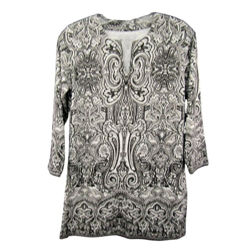 Coolibar St Lucia Tunic Top Black White Paisley Women Size XS 3/4 Sleeve UPF 50+